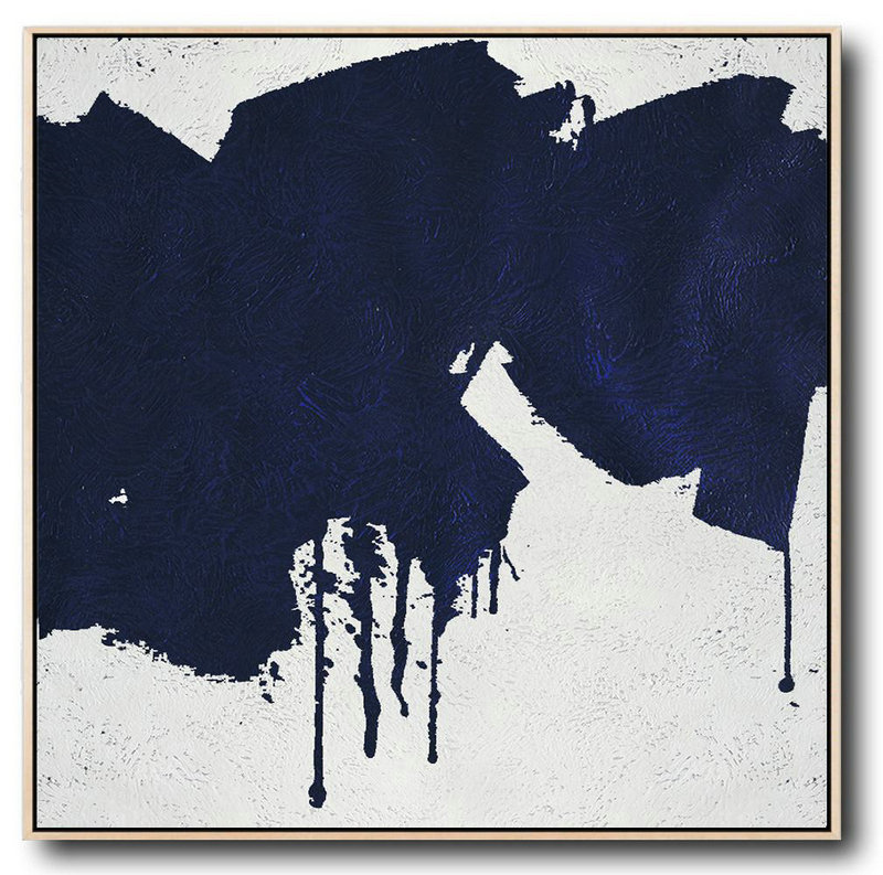 Minimalist Navy Blue And White Painting,Living Room Wall Art #G6A1